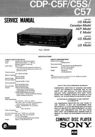 SONY CDP-C5F CDP-C5S CDP-C57 CD PLAYER SERVICE MANUAL INC PCBS SCHEM DIAGS AND PARTS LIST 37 PAGES ENG