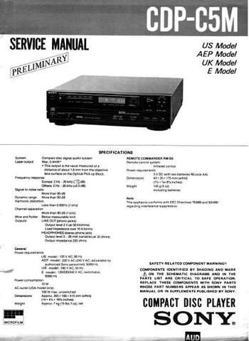 SONY CDP-C5M CD PLAYER SERVICE MANUAL INC PCBS SCHEM DIAG AND PARTS LIST 36 PAGES ENG