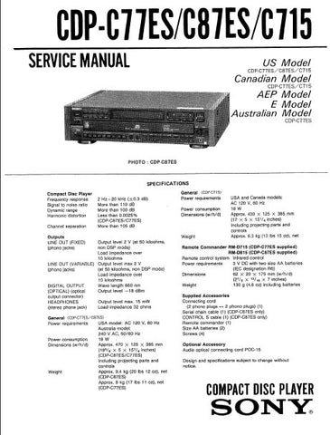 SONY CDP-C77ES CDP-C87ES CDP-C715 CD PLAYER SERVICE MANUAL INC BLK DIAG PCBS SCHEM DIAG AND PARTS LIST 38 PAGES ENG