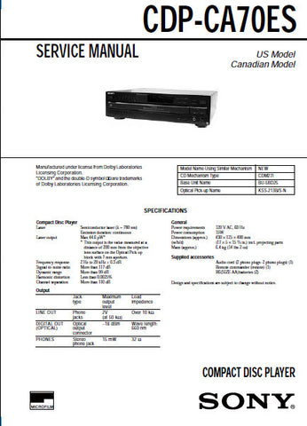 SONY CDP-CA70ES CD PLAYER SERVICE MANUAL INC BLK DIAG PCBS SCHEM DIAGS AND PARTS LIST 45 PAGES ENG