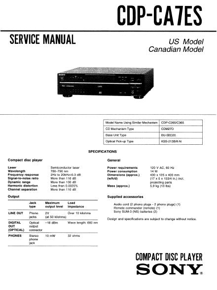 SONY CDP-CA7ES CD PLAYER SERVICE MANUAL INC PCBS SCHEM DIAG AND PARTS LIST 26 PAGES ENG