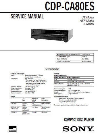 SONY CDP-CA80ES CD PLAYER SERVICE MANUAL INC BLK DIAG PCBS SCHEM DIAGS AND PARTS LIST 49 PAGES ENG