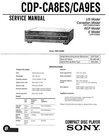SONY CDP-CA8ES CDP-CA9ES CD PLAYER SERVICE MANUAL INC BLK DIAG PCBS SCHEM DIAGS AND PARTS LIST 52 PAGES ENG