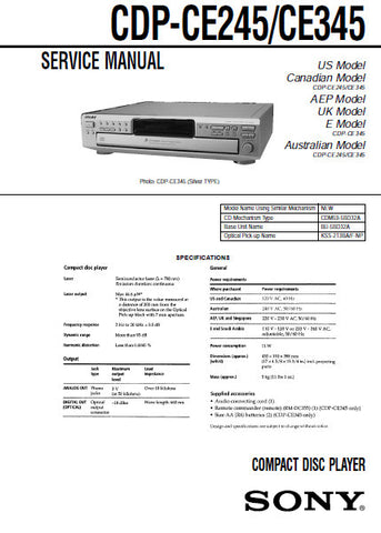 SONY CDP-CE245 CDP-CE345 CD PLAYER SERVICE MANUAL INC PCBS SCHEM DIAGS AND PARTS LIST 44 PAGES ENG