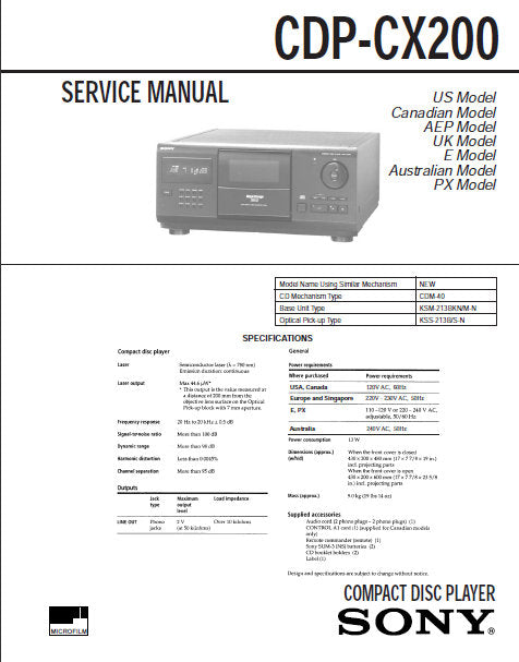 SONY CDP-CX200 CD PLAYER SERVICE MANUAL INC BLK DIAG PCBS SCHEM DIAGS AND PARTS LIST 67 PAGES ENG