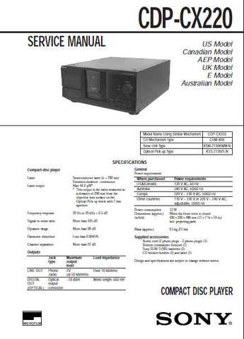 SONY CDP-CX220 CD PLAYER SERVICE MANUAL INC PCBS SCHEM DIAGS AND PARTS LIST 52 PAGES ENG