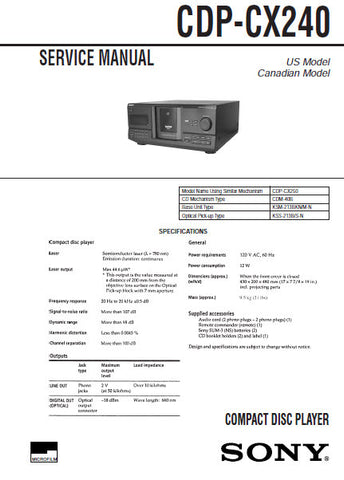 SONY CDP-CX240 CD PLAYER SERVICE MANUAL INC BLK DIAGS PCBS SCHEM DIAGS AND PARTS LIST 56 PAGES ENG