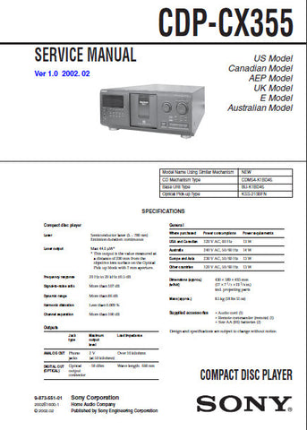 SONY CDP-CX355 CD PLAYER SERVICE MANUAL INC BLK DIAGS PCBS SCHEM DIAGS AND PARTS LIST 72 PAGES ENG