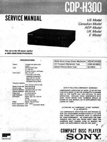 SONY CDP-H300 CD PLAYER SERVICE MANUAL INC PCBS SCHEM DIAGS AND PARTS LIST 20 PAGES ENG