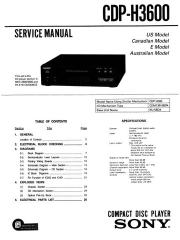 SONY CDP-H3600 CD PLAYER SERVICE MANUAL INC BLK DIAGS PCBS SCHEM DIAGS AND PARTS LIST 47 PAGES ENG