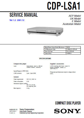 SONY CDP-LSA1 CD PLAYER SERVICE MANUAL INC BLK DIAG PCBS SCHEM DIAGS AND PARTS LIST 60 PAGES ENG