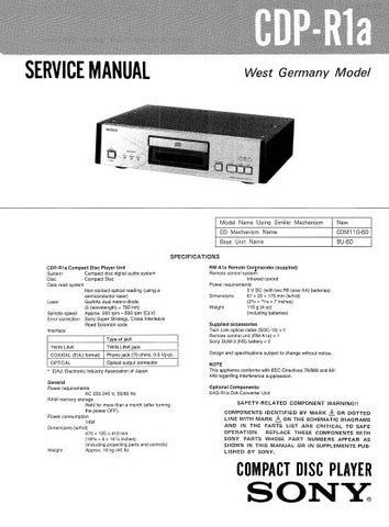 SONY CDP-R1a CD PLAYER SERVICE MANUAL INC BLK DIAG PCBS SCHEM DIAG AND PARTS LIST 28 PAGES ENG