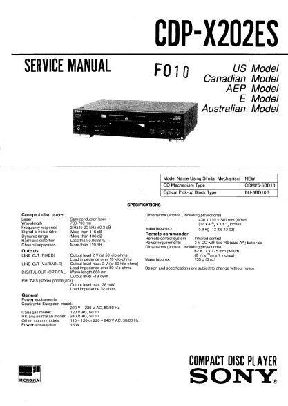 SONY CDP-X202ES CD PLAYER SERVICE MANUAL INC BLK DIAG PCBS SCHEM DIAGS AND PARTS LIST 27 PAGES ENG