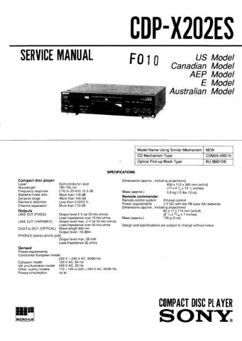 SONY CDP-X202ES CD PLAYER SERVICE MANUAL INC BLK DIAG PCBS SCHEM DIAGS AND PARTS LIST 27 PAGES ENG