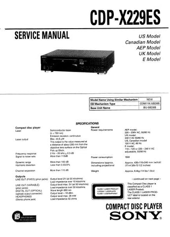 SONY CDP-X229ES CD PLAYER SERVICE MANUAL INC BLK DIAG PCBS SCHEM DIAG AND PARTS LIST 31 PAGES ENG