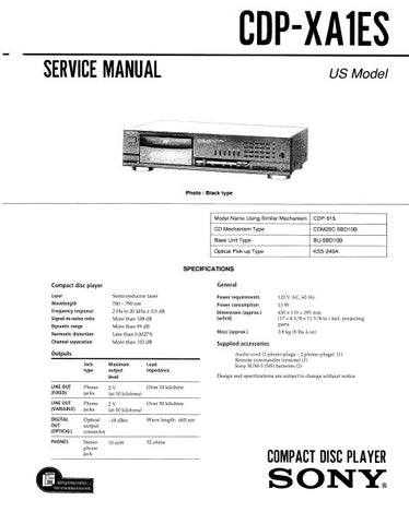 SONY CDP-XA1ES CD PLAYER SERVICE MANUAL INC BLK DIAG PCBS SCHEM DIAG AND PARTS LIST 38 PAGES ENG