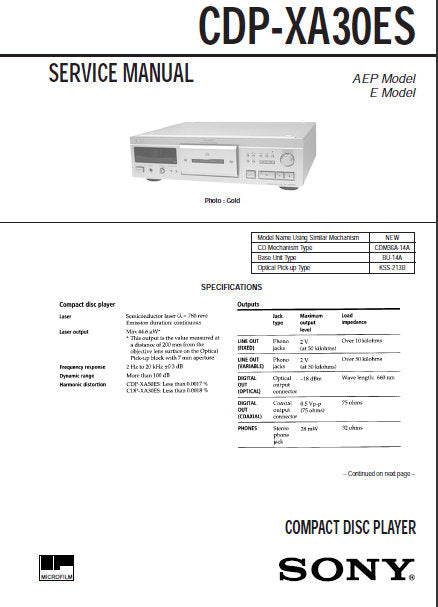 SONY CDP-XA30ES CD PLAYER SERVICE MANUAL INC BLK DIAG PCBS SCHEM DIAGS AND PARTS LIST 53 PAGES ENG