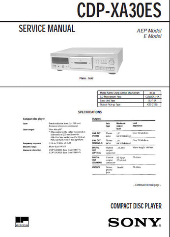 SONY CDP-XA30ES CD PLAYER SERVICE MANUAL INC BLK DIAG PCBS SCHEM DIAGS AND PARTS LIST 53 PAGES ENG
