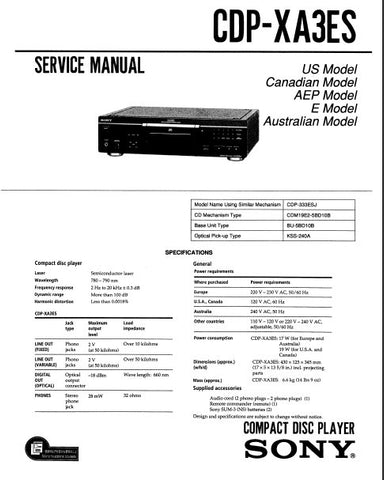 SONY CDP-XA3ES CD PLAYER SERVICE MANUAL INC BLK DIAG PCBS SCHEM DIAGS AND PARTS LIST 33 PAGES ENG