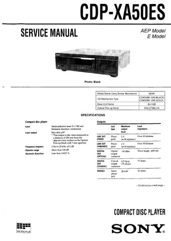 SONY CDP-XA50ES CD PLAYER SERVICE MANUAL INC PCBS SCHEM DIAGS AND PARTS LIST 60 PAGES ENG