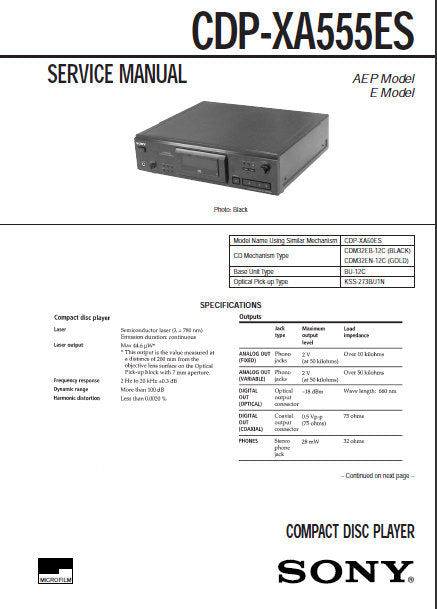 SONY CDP-XA555ES CD PLAYER SERVICE MANUAL INC BLK DIAGS PCBS SCHEM DIAG AND PARTS LIST 66 PAGES ENG