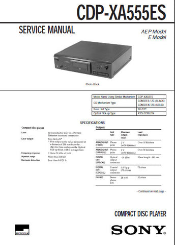 SONY CDP-XA555ES CD PLAYER SERVICE MANUAL INC BLK DIAGS PCBS SCHEM DIAG AND PARTS LIST 66 PAGES ENG
