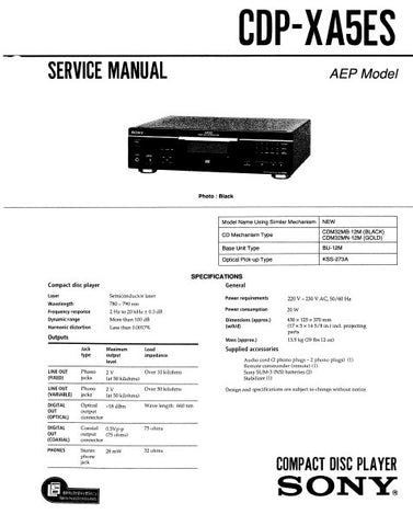 SONY CDP-XA5ES CD PLAYER SERVICE MANUAL INC BLK DIAG PCBS SCHEM DIAGS AND PARTS LIST 36 PAGES ENG
