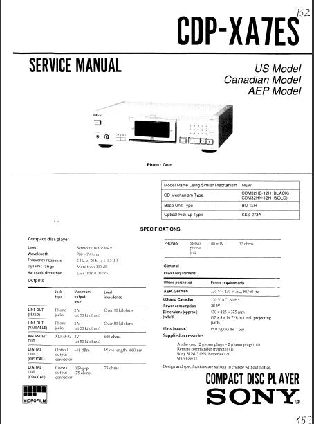 SONY CDP-XA7ES CD PLAYER SERVICE MANUAL INC BLK DIAG PCBS SCHEM DIAGS AND PARTS LIST 49 PAGES ENG