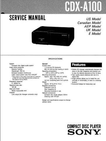 SONY CDX-A100 CD PLAYER SERVICE MANUAL INC BLK DIAG PCBS SCHEM DIAG AND PARTS LIST 30 PAGES ENG