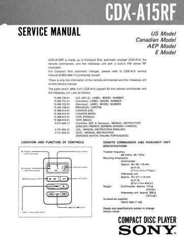 SONY CDX-A15RF CD PLAYER SERVICE MANUAL INC PCBS SCHEM DIAGS AND PARTS LIST 14 PAGES ENG