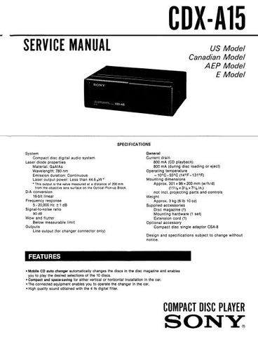 SONY CDX-A15 CD PLAYER SERVICE MANUAL INC PCBS SCHEM DIAGS AND PARTS LIST 23 PAGES ENG