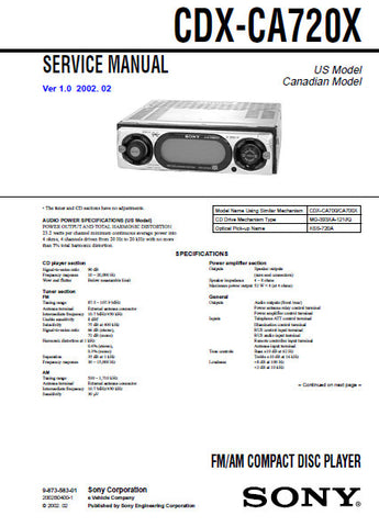 SONY CDX-CA720X FM AM CD PLAYER SERVICE MANUAL INC BLK DIAGS PCBS SCHEM DIAGS AND PARTS LIST 48 PAGES ENG