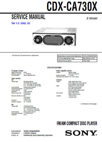 SONY CDX-CA730X FM AM CD PLAYER SERVICE MANUAL INC BLK DIAGS PCBS SCHEM DIAGS AND PARTS LIST 46 PAGES ENG