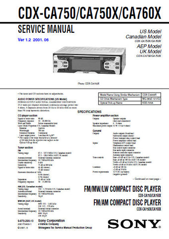 SONY CDX-CA750 CDX-CA750X CDX-CA760X FM MW LW CD PLAYER FM AM CD PLAYER SERVICE MANUAL INC BLK DIAGS PCBS SCHEM DIAGS AND PARTS LIST 64 PAGES ENG