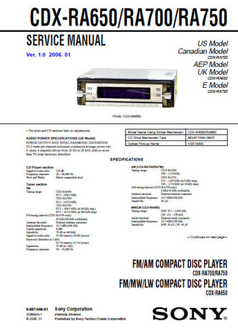 SONY CDX-RA650 CDX-RA700 CDX-RA750 FM AM CD PLAYER FM MW LW CD PLAYER SERVICE MANUAL INC BLK DIAGS PCBS SCHEM DIAGS AND PARTS LIST 62 PAGES ENG
