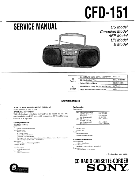 SONY CFD-151 CD RADIO CASSETTE CORDER SERVICE MANUAL INC PCBS SCHEM DIAG AND PARTS LIST 40 PAGES ENG