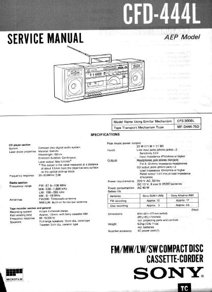 SONY CFD-444L FM MW LW SW CD CASSETTE CORDER SERVICE MANUAL INC BLK DIAGS PCBS SCHEM DIAGS AND PARTS LIST 56 PAGES ENG