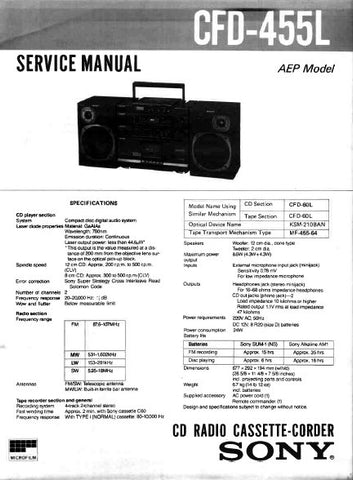 SONY CFD-455L CD RADIO CASSETTE CORDER SERVICE MANUAL INC BLK DIAG PCBS SCHEM DIAGS AND PARTS LIST 50 PAGES ENG