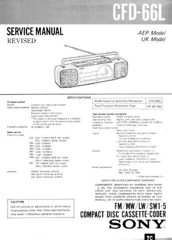 SONY CFD-66L FM MW LW SW1-5 CD CASSETTE-CORDER SERVICE MANUAL INC PCBS SCHEM DIAGS AND PARTS LIST 60 PAGES ENG