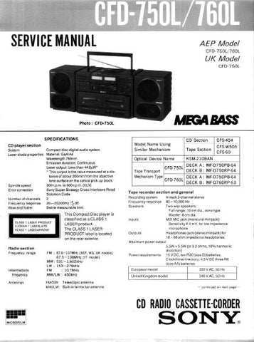 SONY CFD-750L CFD-760L CD RADIO CASSETTE CORDER SERVICE MANUAL INC BLK DIAGS PCBS SCHEM DIAGS AND PARTS LIST 82 PAGES ENG