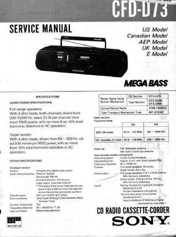 SONY CFD-D73 CD RADIO CASSETTE CORDER SERVICE MANUAL INC PCBS SCHEM DIAGS AND PARTS LIST 64 PAGES ENG