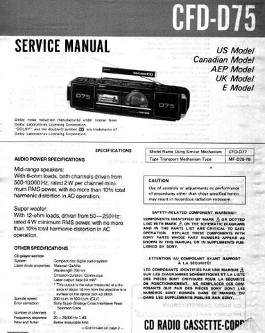 SONY CFD-D75 CD RADIO CASSETTE CORDER SERVICE MANUAL INC PCBS SCHEM DIAGS AND PARTS LIST 60 PAGES ENG