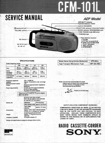 SONY CFM-101L RADIO CASSETTE-CORDER SERVICE MANUAL INC PCB SCHEM DIAG AND PARTS LIST 14 PAGES ENG