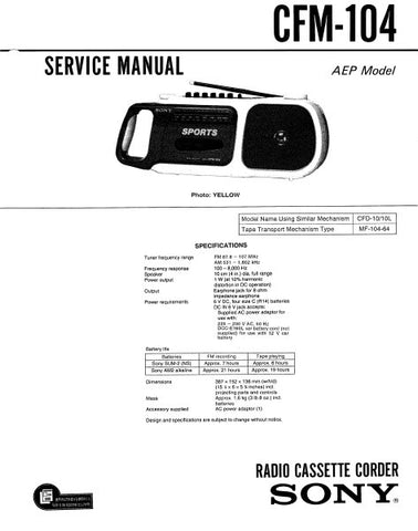 SONY CFM-104 RADIO CASSETTE-CORDER SERVICE MANUAL INC BLK DIAG PCBS SCHEM DIAG AND PARTS LIST 19 PAGES ENG