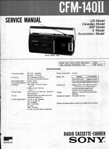 SONY CFM-140II RADIO CASSETTE-CORDER SERVICE MANUAL INC PCBS SCHEM DIAG AND PARTS LIST 18 PAGES ENG