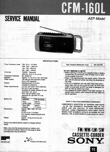 SONY CFM-160L FM MW LW SW CASSETTE-CORDER SERVICE MANUAL INC BLK DIAG PCBS SCHEM DIAG AND PARTS LIST 22 PAGES ENG