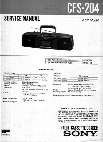SONY CFS-204 RADIO CASSETTE-CORDER SERVICE MANUAL INC PCBS SCHEM DIAGS AND PARTS LIST 20 PAGES ENG
