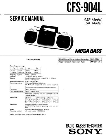 SONY CFS-904L RADIO CASSETTE CORDER SERVICE MANUAL INC PCBS SCHEM DIAGS AND PARTS LIST 22 PAGES ENG