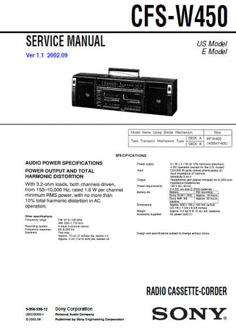 SONY CFS-W450 RADIO CASSETTE-CORDER SERVICE MANUAL INC PCBS SCHEM DIAG AND PARTS LIST 24 PAGES ENG