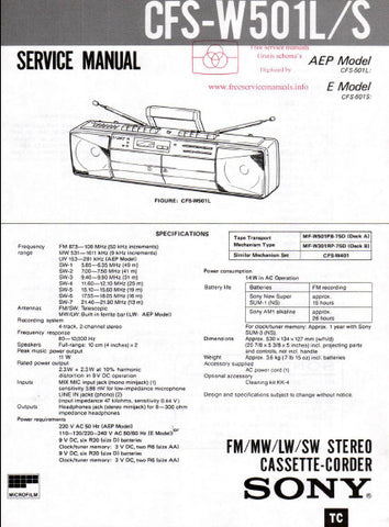 SONY CFS-W501L CFS-W501S FM MW LW SW STEREO CASSETTE-CORDER SERVICE MANUAL INC PCBS SCHEM DIAGS AND PARTS LIST 20 PAGES ENG